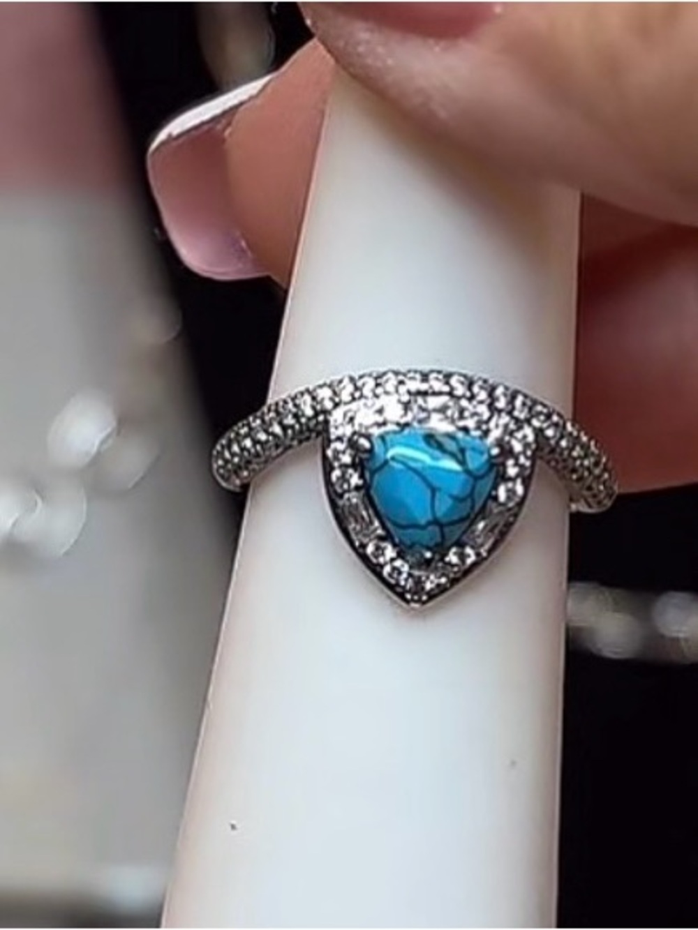 Bomb Party hematite and Turquoise Triangle Halo Ring size 6